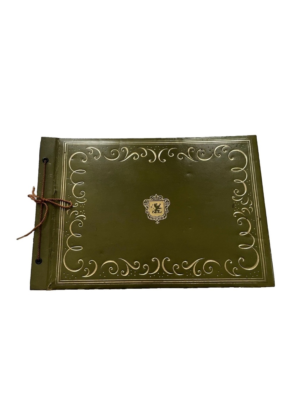 Vtg Photo Album Dry-Mount-Tie-Bound Green & Gold Embossed Cover 30 Blank Pages